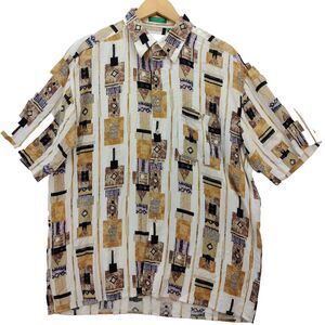 Carven Paris Shirt Mens XL Brown Linen Blend Southwestern Aztec Graphic AOP Y2K